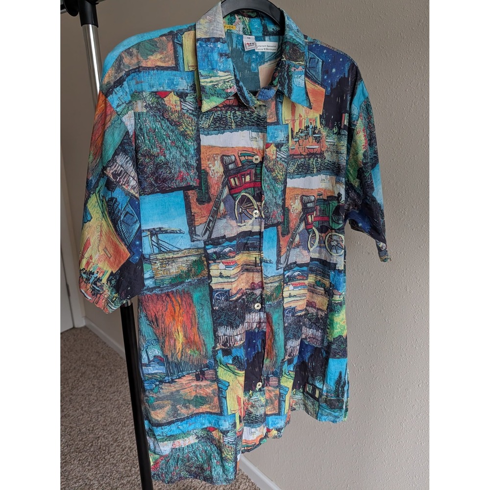 Tru Blouse Van Gogh Art Print Button Down Shirt Mens 44 Multicolor Cotton